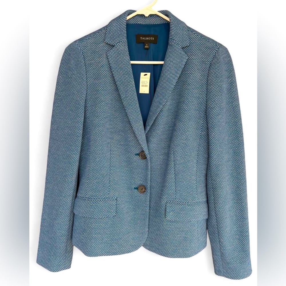 NWT Women's Talbots Double Breast Tweed Blazer Size‎ 4 Blue Business Suit Office